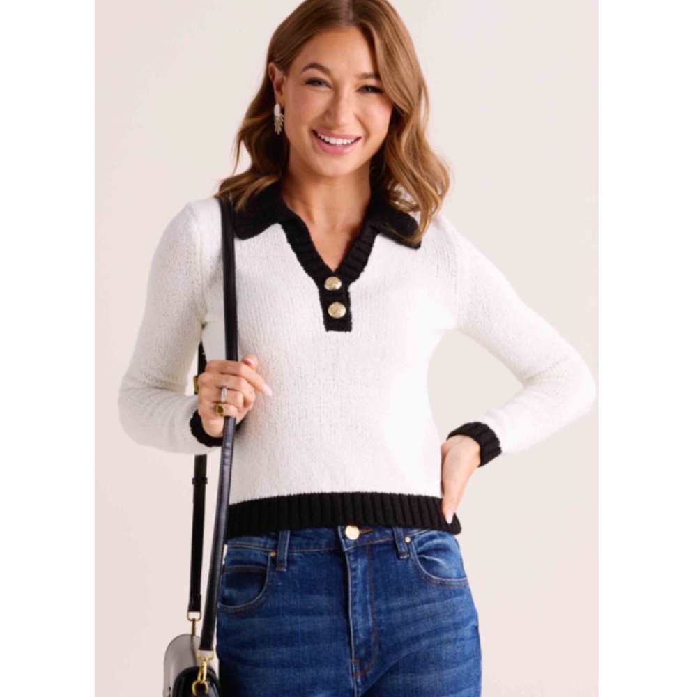 endless rose | NWT White Black Long Sleeve Polo Sweater Large Johnny Collar